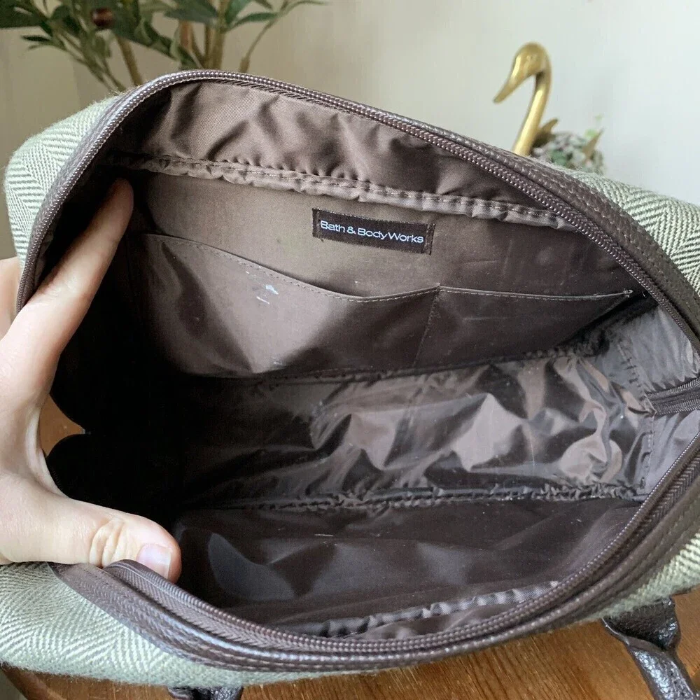 Bath and Body Works Brown Tweed  Herringbone Carry On weekend travel bag Tote